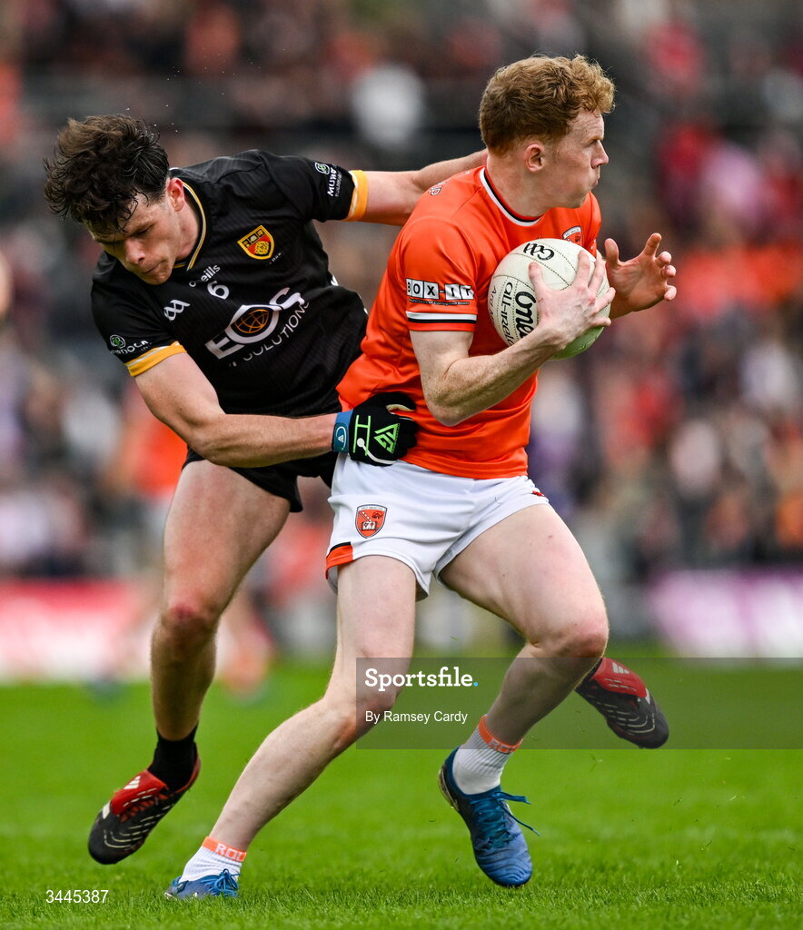 3 May 2026; Conor Turbitt of Armagh in action against Shane Annett of Down during the Ulster GAA Football Senior Championship semi-final match between Armagh and Down at St Tiernach's Park in Clones, Monaghan. Photo by Ramsey Cardy/Sportsfile