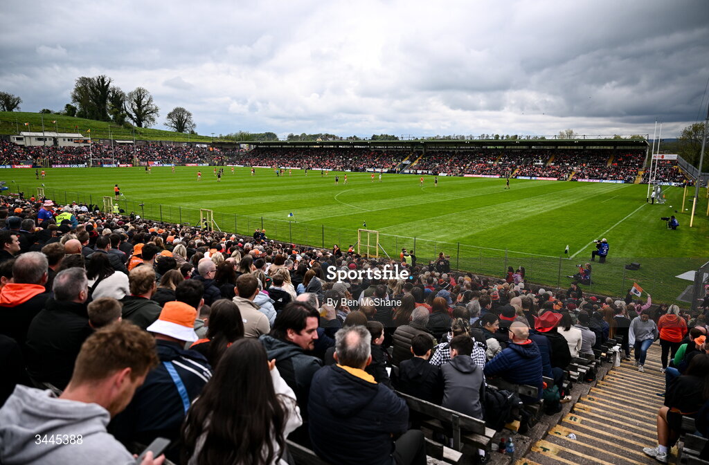 3 May 2026; A general view of the action during the Ulster GAA Football Senior Championship semi-final match between Armagh and Down at St Tiernach's Park in Clones, Monaghan. Photo by Ben McShane/Sportsfile