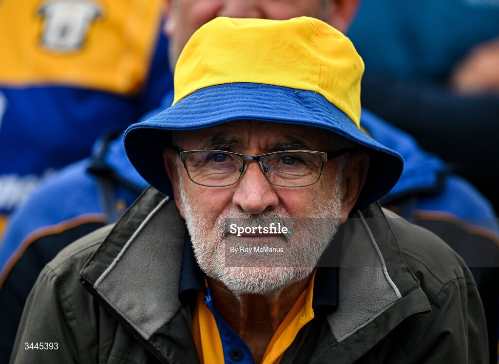 3 May 2026; A disconsolate Clare supporter near the end of the Munster GAA Senior Hurling Championship Round 3 match between Clare and Limerick at Zimmer Biomet Páirc Chíosóg in Ennis, Clare. Photo by Ray McManus/Sportsfile