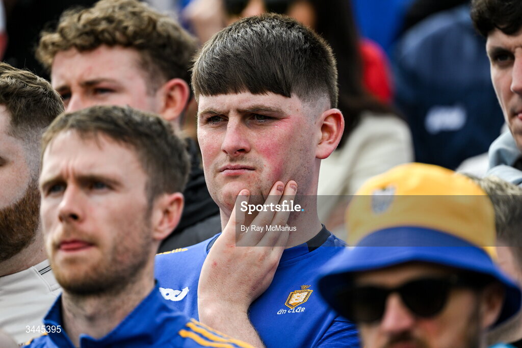 3 May 2026; Disconsolate Clare supporters near the end of the Munster GAA Senior Hurling Championship Round 3 match between Clare and Limerick at Zimmer Biomet Páirc Chíosóg in Ennis, Clare. Photo by Ray McManus/Sportsfile