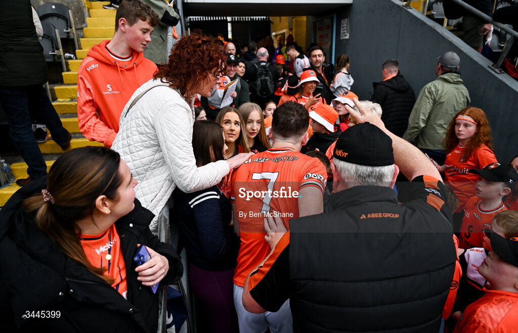 3 May 2026; Jarly Og Burns of Armagh, 7, makes his way through the supporters toward the dressing room after the Ulster GAA Football Senior Championship semi-final match between Armagh and Down at St Tiernach's Park in Clones, Monaghan. Photo by Ben McShane/Sportsfile