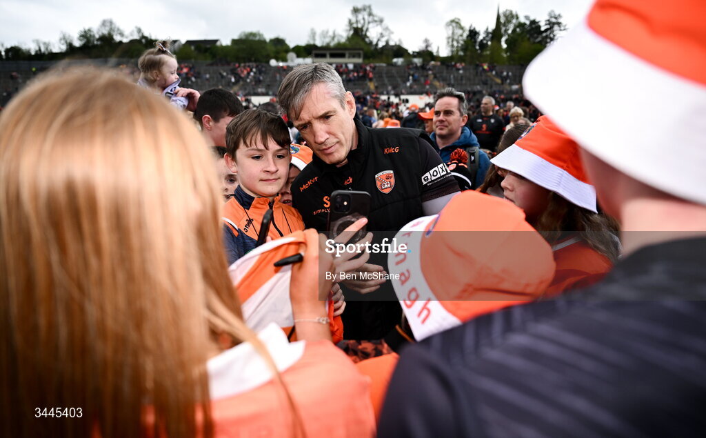 3 May 2026; Armagh manager Kieran McGeeney with supporters after the Ulster GAA Football Senior Championship semi-final match between Armagh and Down at St Tiernach's Park in Clones, Monaghan. Photo by Ben McShane/Sportsfile