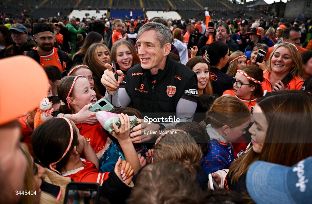 3 May 2026; Armagh manager Kieran McGeeney with supporters after the Ulster GAA Football Senior Championship semi-final match between Armagh and Down at St Tiernach's Park in Clones, Monaghan. Photo by Ben McShane/Sportsfile