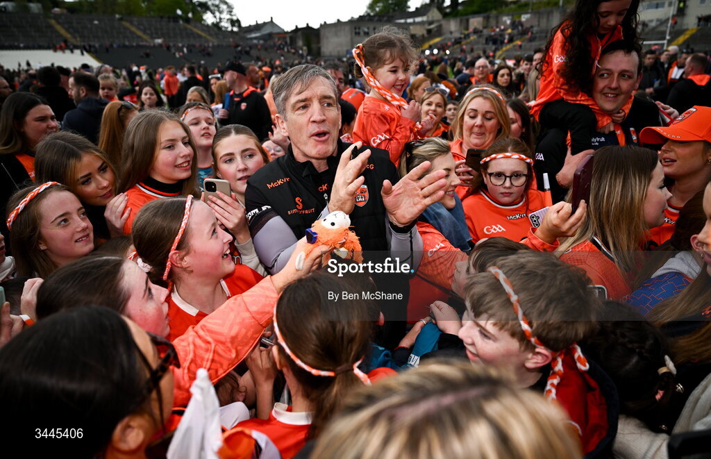 3 May 2026; Armagh manager Kieran McGeeney with supporters after the Ulster GAA Football Senior Championship semi-final match between Armagh and Down at St Tiernach's Park in Clones, Monaghan. Photo by Ben McShane/Sportsfile