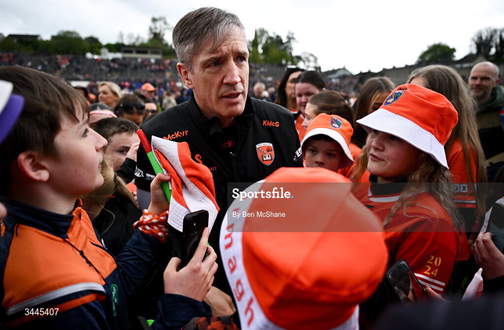 3 May 2026; Armagh manager Kieran McGeeney with supporters after the Ulster GAA Football Senior Championship semi-final match between Armagh and Down at St Tiernach's Park in Clones, Monaghan. Photo by Ben McShane/Sportsfile