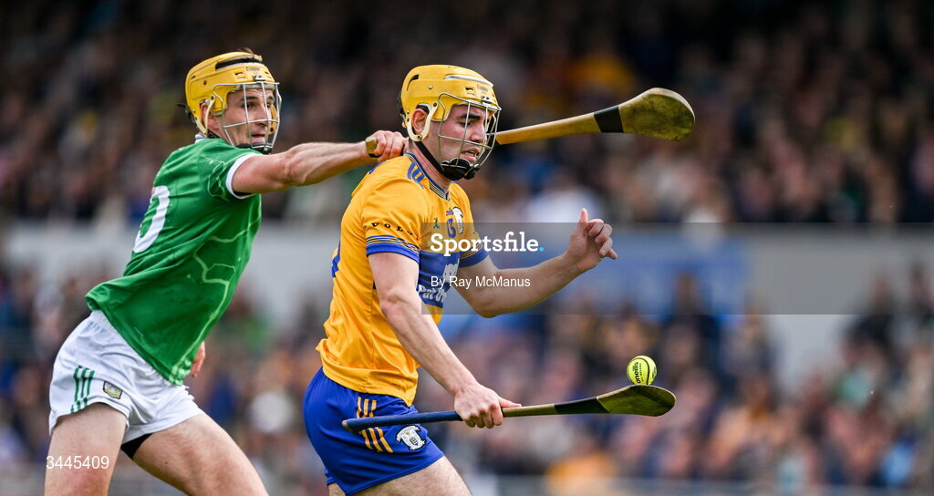 3 May 2026; Mark Rodgers of Clare is tackled by Cathal O'Neill of Limerick during the Munster GAA Senior Hurling Championship Round 3 match between Clare and Limerick at Zimmer Biomet Páirc Chíosóg in Ennis, Clare. Photo by Ray McManus/Sportsfile