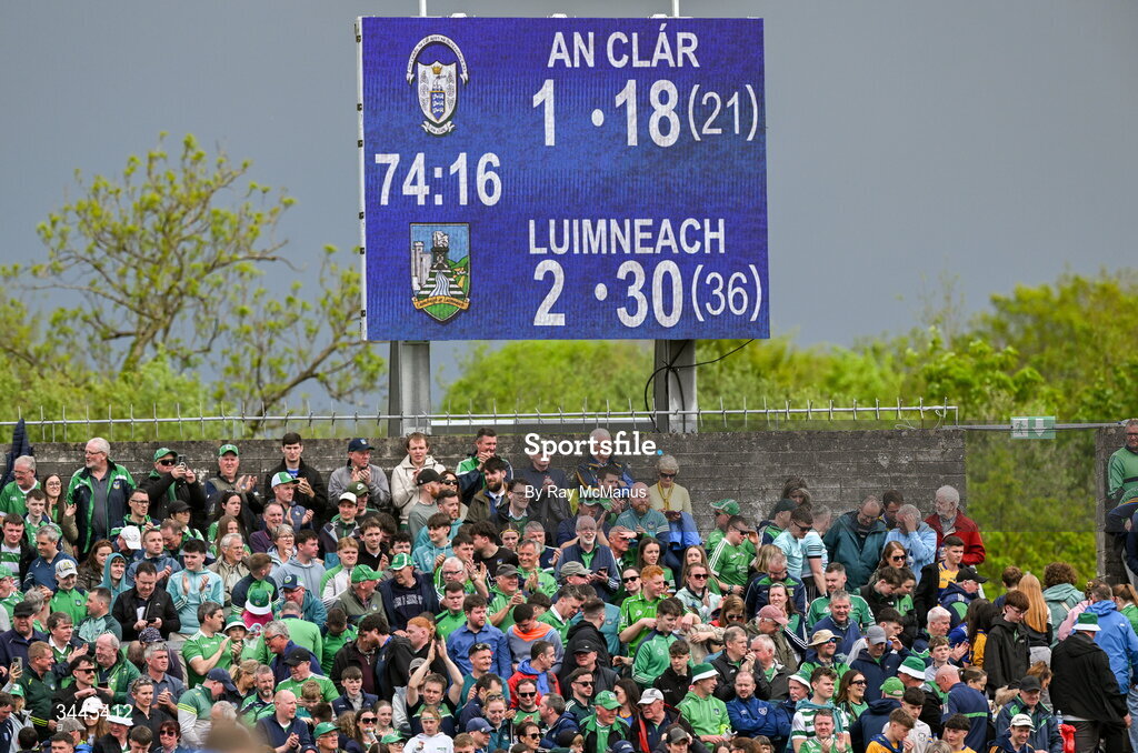 3 May 2026; The score board at the end of the Munster GAA Senior Hurling Championship Round 3 match between Clare and Limerick at Zimmer Biomet Páirc Chíosóg in Ennis, Clare. Photo by Ray McManus/Sportsfile