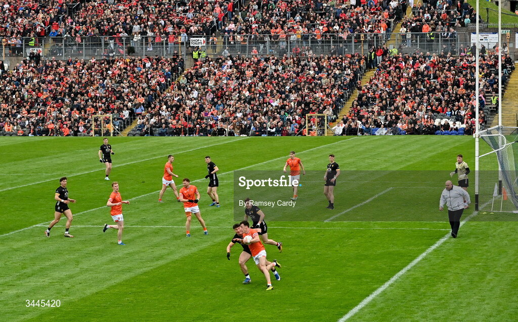 3 May 2026; Tomas McCormack of Armagh in action against Daniel Guinness of Down during the Ulster GAA Football Senior Championship semi-final match between Armagh and Down at St Tiernach's Park in Clones, Monaghan. Photo by Ramsey Cardy/Sportsfile