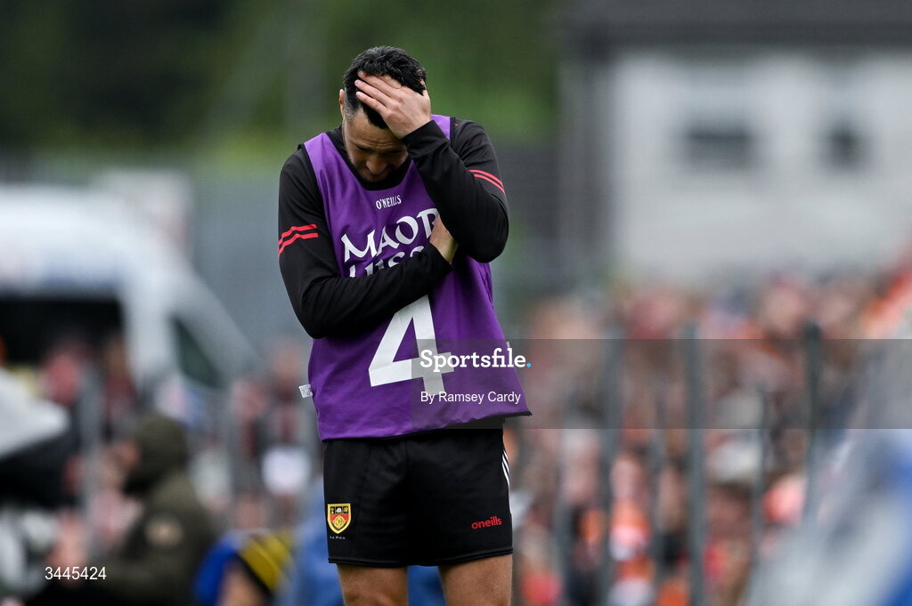 3 May 2026; Down selector Marty Clarke reacts during the Ulster GAA Football Senior Championship semi-final match between Armagh and Down at St Tiernach's Park in Clones, Monaghan. Photo by Ramsey Cardy/Sportsfile