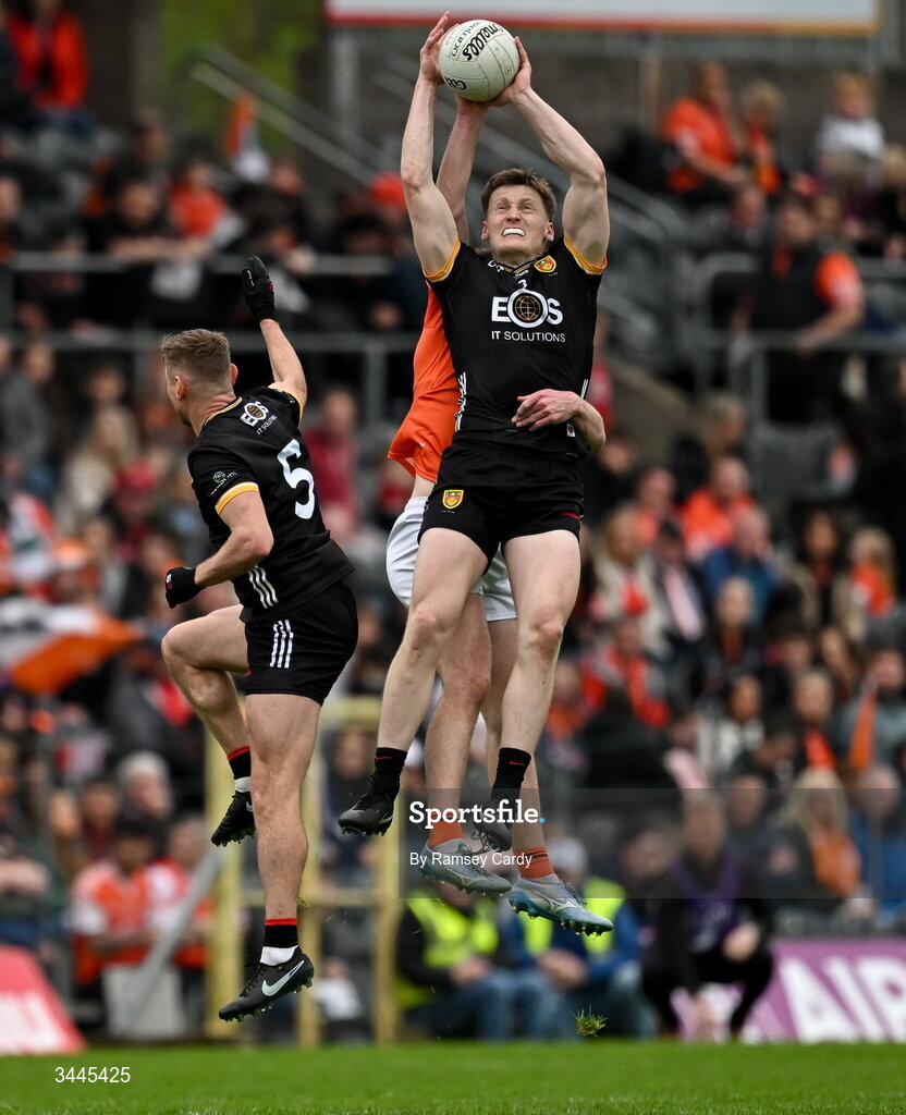 3 May 2026; Odhran Murdock of Down and Jarly Og Burns of Armagh during the Ulster GAA Football Senior Championship semi-final match between Armagh and Down at St Tiernach's Park in Clones, Monaghan. Photo by Ramsey Cardy/Sportsfile