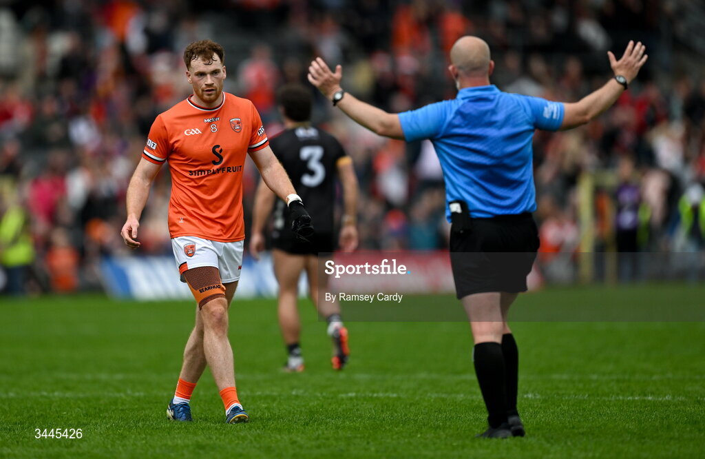 3 May 2026; Jason Duffy of Armagh reacts as referee Brendan Cawley blows the final whistle of the Ulster GAA Football Senior Championship semi-final match between Armagh and Down at St Tiernach's Park in Clones, Monaghan. Photo by Ramsey Cardy/Sportsfile