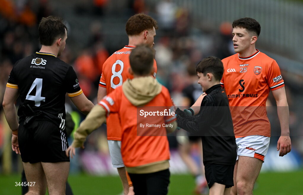 3 May 2026; Jason Duffy and Tomas Galvin of Armagh shake hands after the Ulster GAA Football Senior Championship semi-final match between Armagh and Down at St Tiernach's Park in Clones, Monaghan. Photo by Ramsey Cardy/Sportsfile