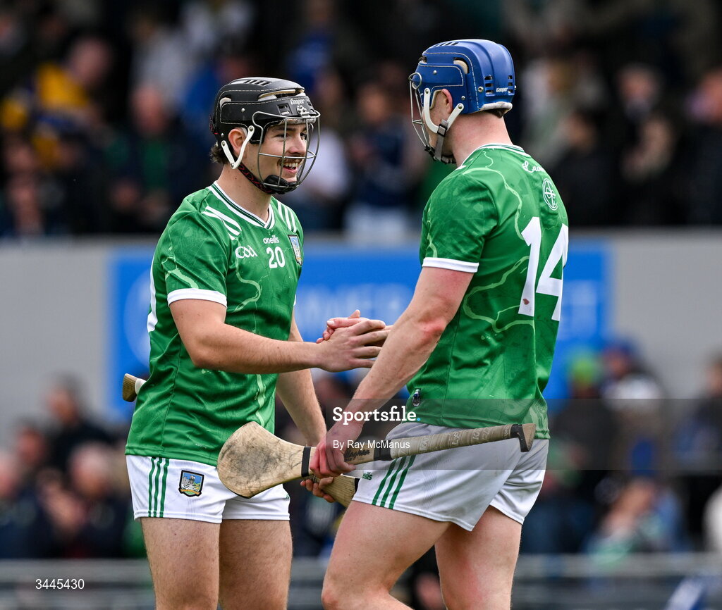 3 May 2026; Hugh Flanagan, left, and Shane O'Brien of Limerick after the Munster GAA Senior Hurling Championship Round 3 match between Clare and Limerick at Zimmer Biomet Páirc Chíosóg in Ennis, Clare. Photo by Ray McManus/Sportsfile