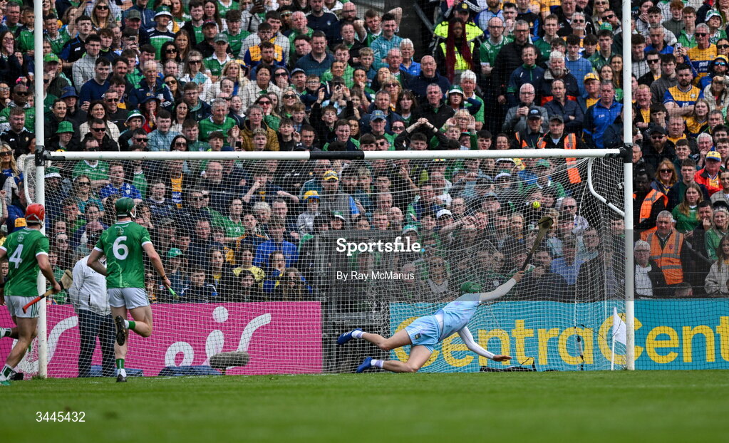 3 May 2026; Limerick goalkeeper Nickie Quaid is beaten, in the 61st minute, by Tony Kelly's penalty during the Munster GAA Senior Hurling Championship Round 3 match between Clare and Limerick at Zimmer Biomet Páirc Chíosóg in Ennis, Clare. Photo by Ray McManus/Sportsfile