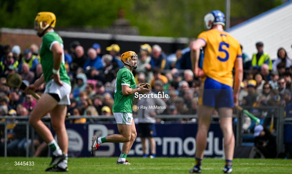 3 May 2026; Adam English of Limerick, centre, leaves the field after he was shown a red card, second yellow card,  during the Munster GAA Senior Hurling Championship Round 3 match between Clare and Limerick at Zimmer Biomet Páirc Chíosóg in Ennis, Clare. Photo by Ray McManus/Sportsfile
