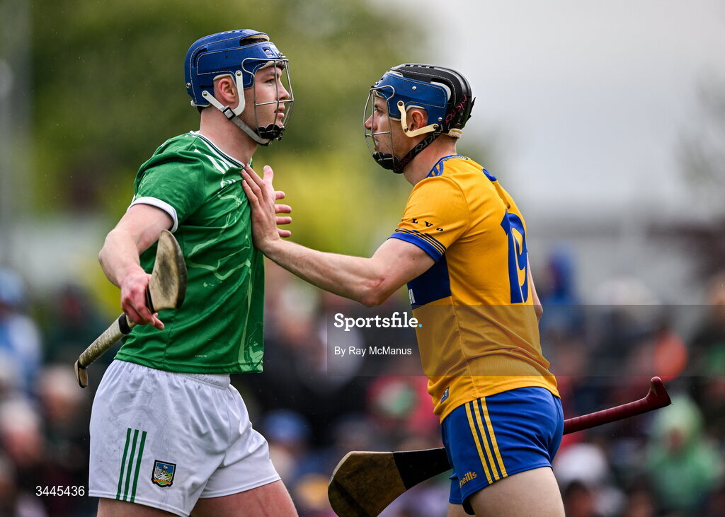 3 May 2026; David McInerney of Clare gets to grips with Shane O'Brien of Limerick during the Munster GAA Senior Hurling Championship Round 3 match between Clare and Limerick at Zimmer Biomet Páirc Chíosóg in Ennis, Clare. Photo by Ray McManus/Sportsfile