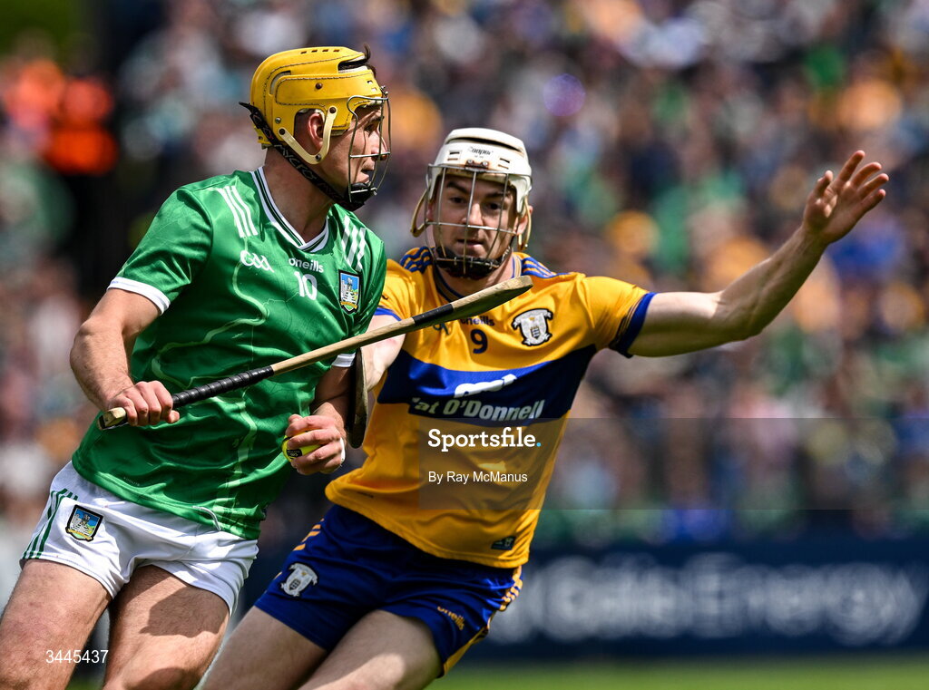 3 May 2026; Cathal O'Neill of Limerick is tackled by Ryan Taylor of Clare during the Munster GAA Senior Hurling Championship Round 3 match between Clare and Limerick at Zimmer Biomet Páirc Chíosóg in Ennis, Clare. Photo by Ray McManus/Sportsfile