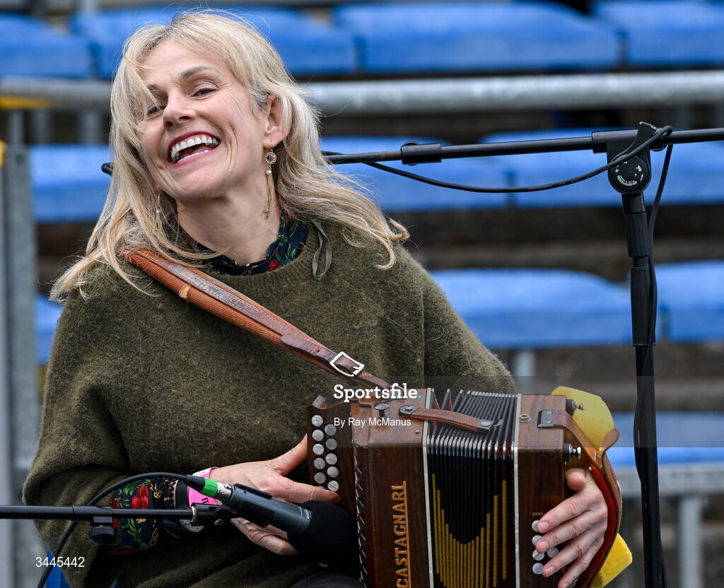 3 May 2026; Button accordion player Sharon Shannon, who with her sister and nephew, entertained supporters before the Munster GAA Senior Hurling Championship Round 3 match between Clare and Limerick at Zimmer Biomet Páirc Chíosóg in Ennis, Clare. Photo by Ray McManus/Sportsfile