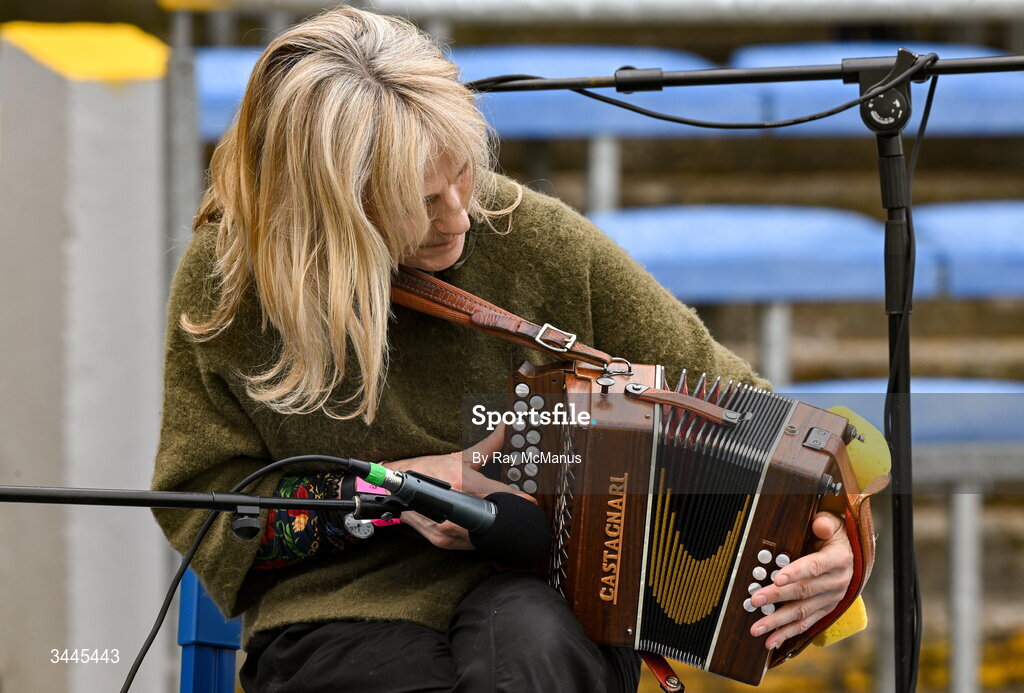 3 May 2026; Button accordion player Sharon Shannon, who with her sister and nephew, entertained supporters before the Munster GAA Senior Hurling Championship Round 3 match between Clare and Limerick at Zimmer Biomet Páirc Chíosóg in Ennis, Clare. Photo by Ray McManus/Sportsfile