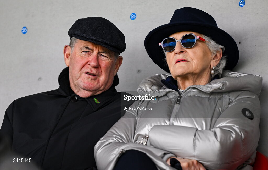 3 May 2026; Businessman JP McManus and his wife Noreen before the Munster GAA Senior Hurling Championship Round 3 match between Clare and Limerick at Zimmer Biomet Páirc Chíosóg in Ennis, Clare. Photo by Ray McManus/Sportsfile