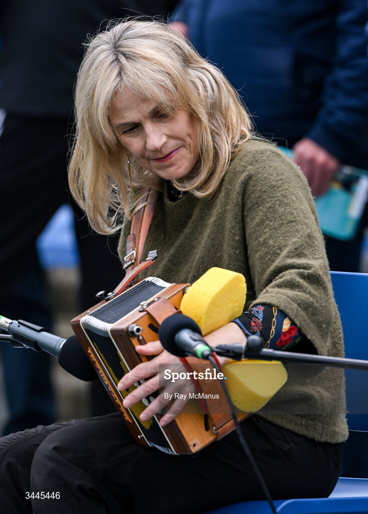 3 May 2026; Button accordion player Sharon Shannon, who with her sister and nephew, entertained supporters before the Munster GAA Senior Hurling Championship Round 3 match between Clare and Limerick at Zimmer Biomet Páirc Chíosóg in Ennis, Clare. Photo by Ray McManus/Sportsfile