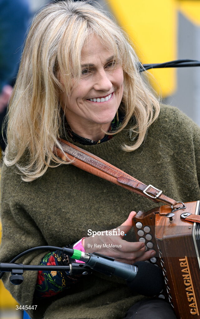 3 May 2026; Button accordion player Sharon Shannon, who with her sister and nephew, entertained supporters before the Munster GAA Senior Hurling Championship Round 3 match between Clare and Limerick at Zimmer Biomet Páirc Chíosóg in Ennis, Clare. Photo by Ray McManus/Sportsfile