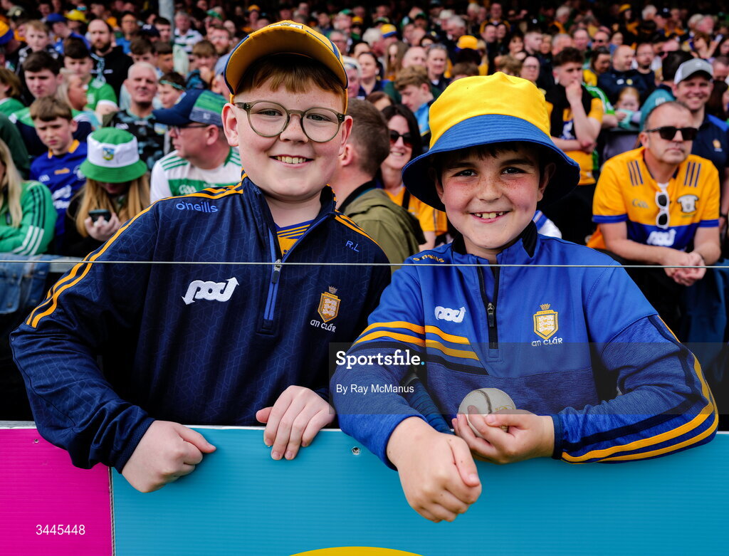 3 May 2026; Clare supporters Rory Lynch, eleven years, and Jimmy Coughlan, 8, both from Kilmihill, before the Munster GAA Senior Hurling Championship Round 3 match between Clare and Limerick at Zimmer Biomet Páirc Chíosóg in Ennis, Clare. Photo by Ray McManus/Sportsfile