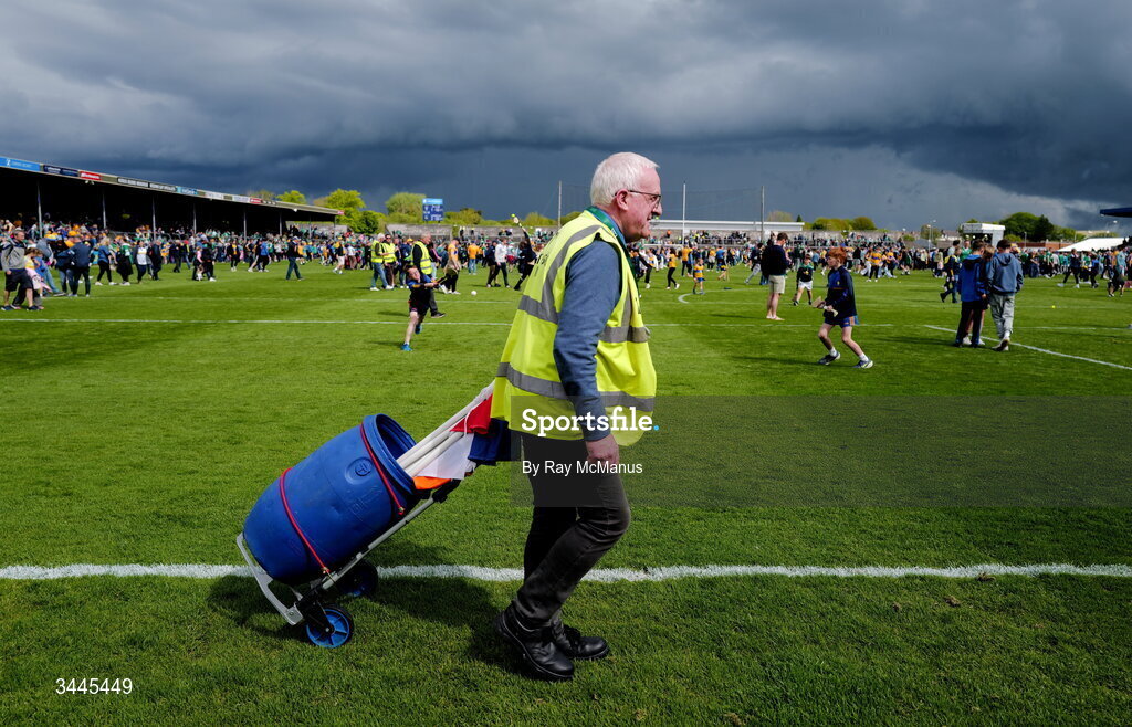 3 May 2026; Martin Keane collects sideline flags after the game as supporters savour the atmosphere after the Munster GAA Senior Hurling Championship Round 3 match between Clare and Limerick at Zimmer Biomet Páirc Chíosóg in Ennis, Clare. Photo by Ray McManus/Sportsfile