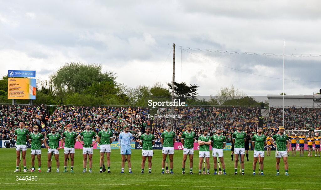 3 May 2026; The Limerick team stand for the playing of the National Anthem before the Munster GAA Senior Hurling Championship Round 3 match between Clare and Limerick at Zimmer Biomet Páirc Chíosóg in Ennis, Clare. Photo by Ray McManus/Sportsfile