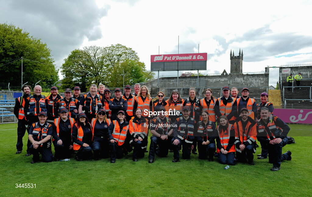 3 May 2026; Members of the Civil Defence pose for a team photograph after the Munster GAA Senior Hurling Championship Round 3 match between Clare and Limerick at Zimmer Biomet Páirc Chíosóg in Ennis, Clare. Photo by Ray McManus/Sportsfile