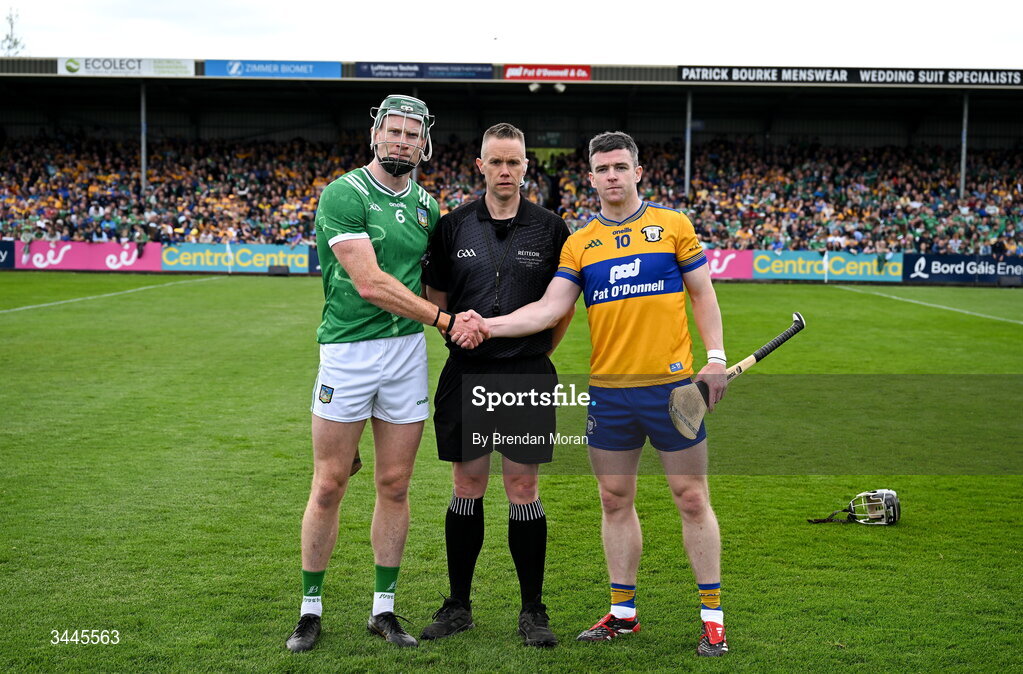 3 May 2026; Referee Michael Kennedy with team captains William O'Donoghue of Limerick and Tony Kelly of Clare before the Munster GAA Senior Hurling Championship Round 3 match between Clare and Limerick at Zimmer Biomet Páirc Chíosóg in Ennis, Clare. Photo by Brendan Moran/Sportsfile