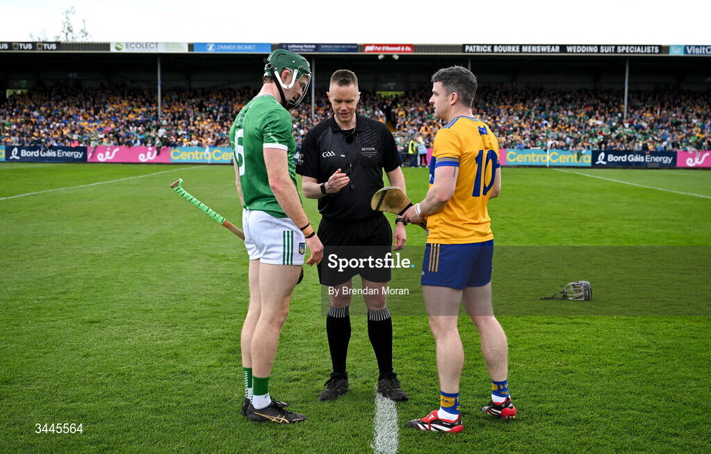 3 May 2026; Referee Michael Kennedy speaks to team captains William O'Donoghue of Limerick and Tony Kelly of Clare before the Munster GAA Senior Hurling Championship Round 3 match between Clare and Limerick at Zimmer Biomet Páirc Chíosóg in Ennis, Clare. Photo by Brendan Moran/Sportsfile