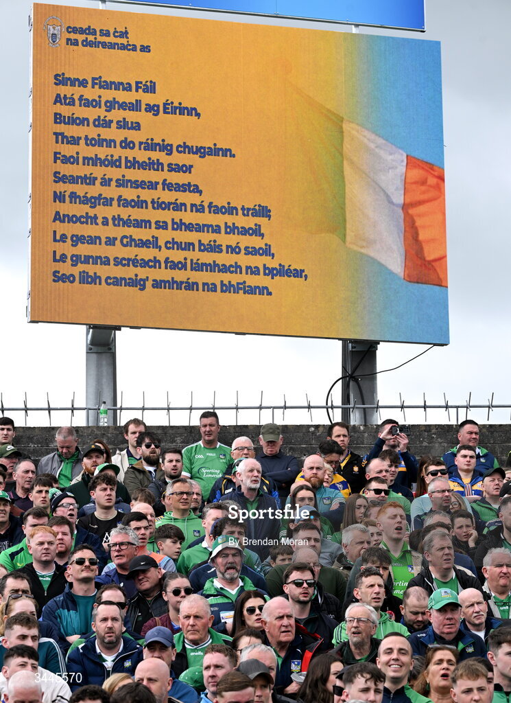 3 May 2026; Supporters sing Amhrán na bhFiann before the Munster GAA Senior Hurling Championship Round 3 match between Clare and Limerick at Zimmer Biomet Páirc Chíosóg in Ennis, Clare. Photo by Brendan Moran/Sportsfile