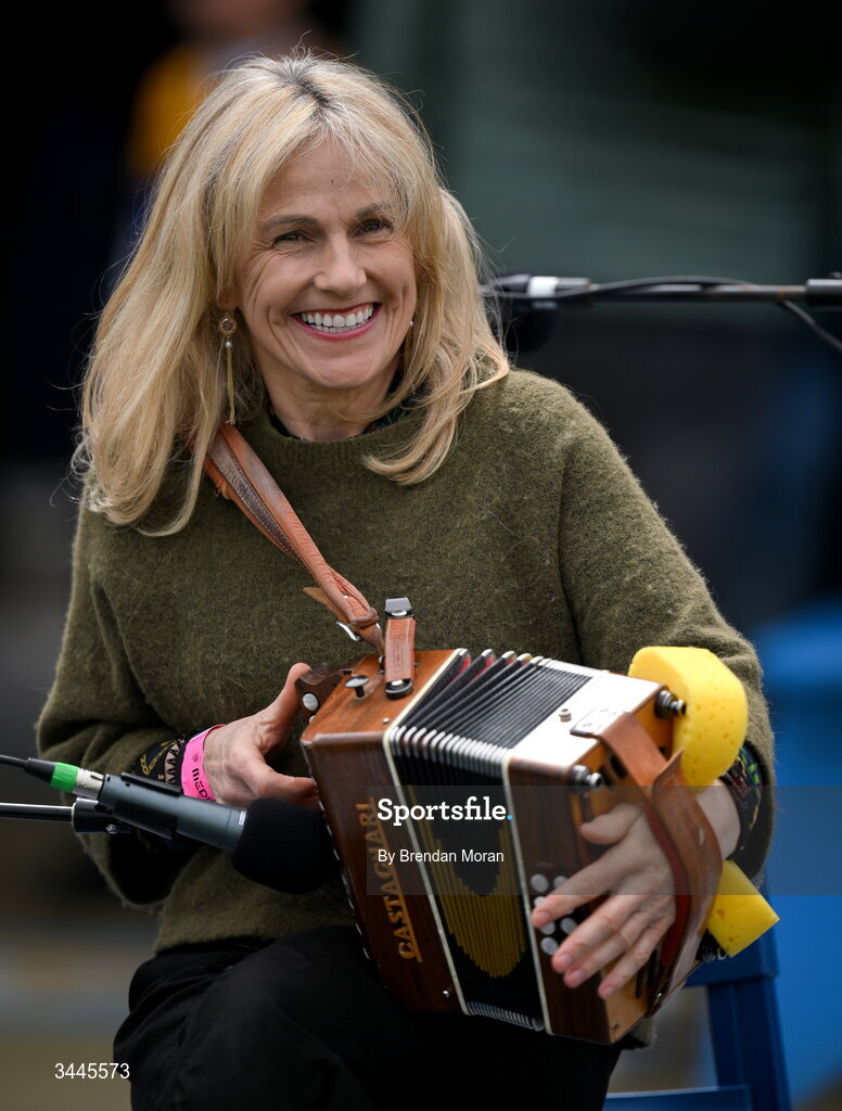 3 May 2026; Musician Sharon Shannon entertains the crowd before the Munster GAA Senior Hurling Championship Round 3 match between Clare and Limerick at Zimmer Biomet Páirc Chíosóg in Ennis, Clare. Photo by Brendan Moran/Sportsfile