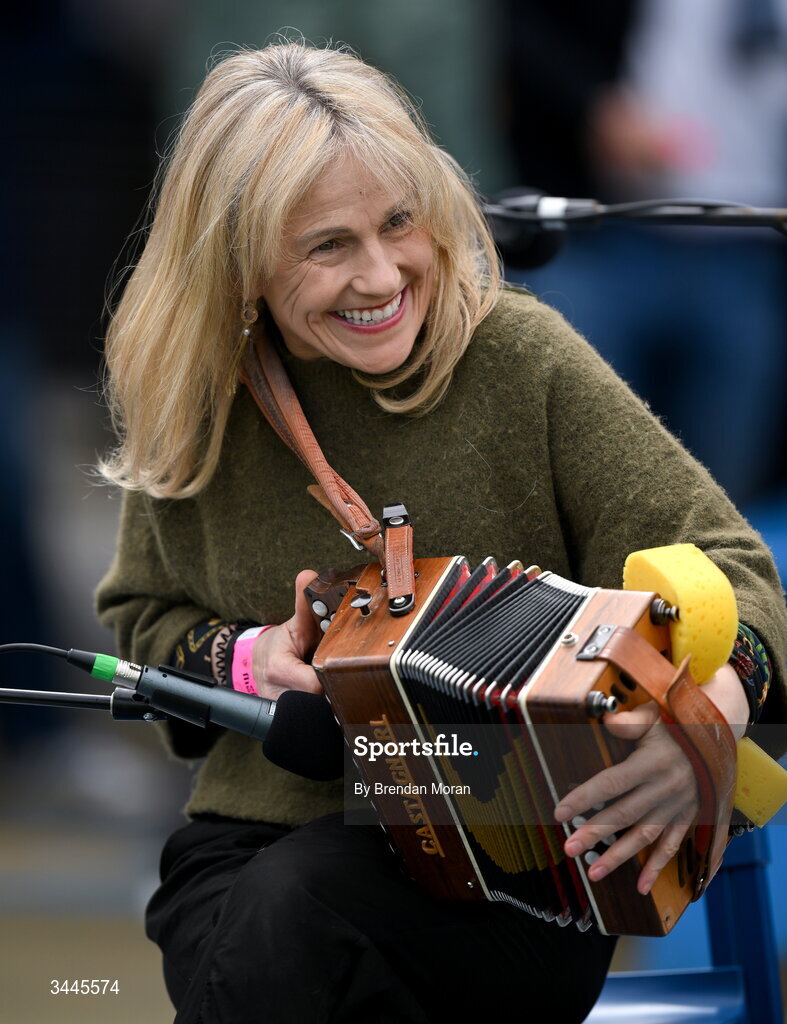 3 May 2026; Musician Sharon Shannon entertains the crowd before the Munster GAA Senior Hurling Championship Round 3 match between Clare and Limerick at Zimmer Biomet Páirc Chíosóg in Ennis, Clare. Photo by Brendan Moran/Sportsfile