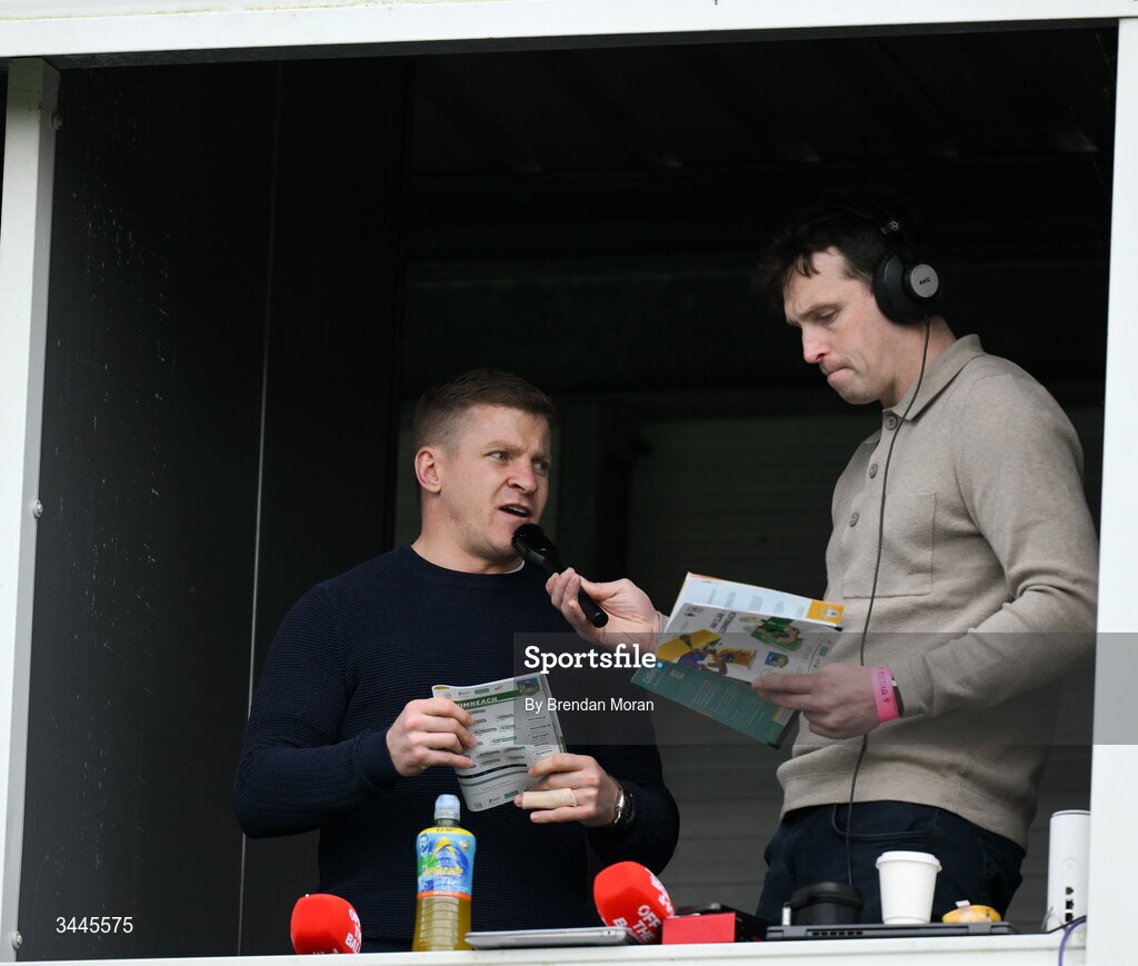 3 May 2026; Tommy Rooney of Off the Ball with hurling analyst Podge Collins before the Munster GAA Senior Hurling Championship Round 3 match between Clare and Limerick at Zimmer Biomet Páirc Chíosóg in Ennis, Clare. Photo by Brendan Moran/Sportsfile