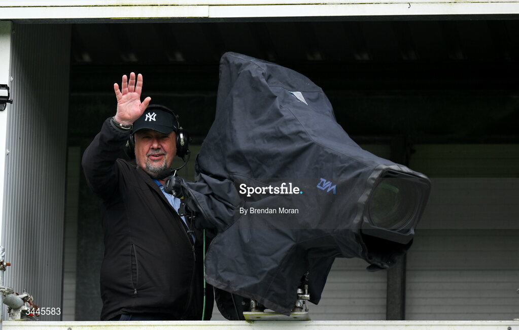 3 May 2026; Television cameraman Frank Hughes in position before the Munster GAA Senior Hurling Championship Round 3 match between Clare and Limerick at Zimmer Biomet Páirc Chíosóg in Ennis, Clare. Photo by Brendan Moran/Sportsfile