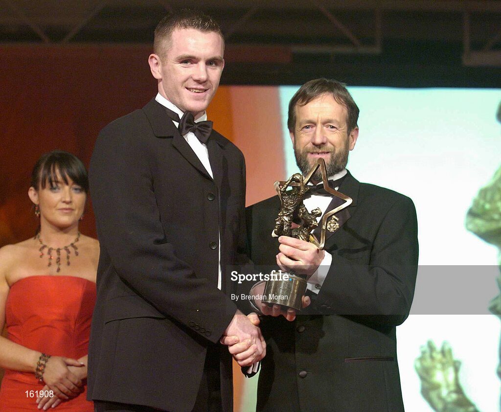 26 November 2004; Martin McGrath of Fermanagh, is presented with his All-Star award by Sean Kelly, President of the GAA, during the 2004 Vodafone GAA All-Star Awards at Citywest, Dublin. Photo by Brendan Moran/Sportsfile