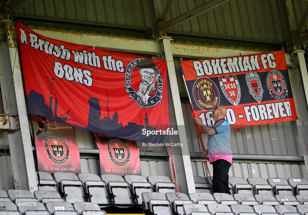 4 May 2026; A Bohemians supporter adjusts supporters flags at the back of the stand before the SSE Airtricity Men's Premier Division match between Bohemians and Shelbourne at Dalymount Park in Dublin. Photo by Stephen McCarthy/Sportsfile