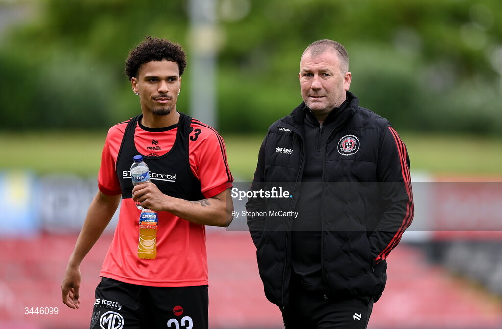 4 May 2026; Bohemians manager Alan Reynolds and Zane Myers before the SSE Airtricity Men's Premier Division match between Bohemians and Shelbourne at Dalymount Park in Dublin. Photo by Stephen McCarthy/Sportsfile
