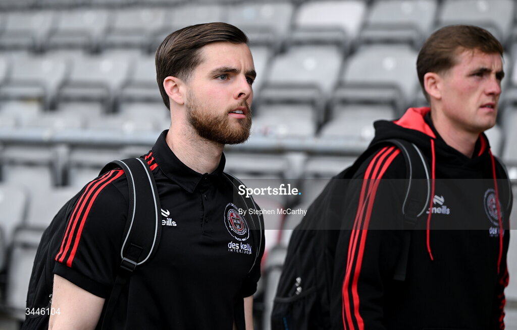 4 May 2026; Darragh Power, left, and Cian Byrne of Bohemians arrive for the SSE Airtricity Men's Premier Division match between Bohemians and Shelbourne at Dalymount Park in Dublin. Photo by Stephen McCarthy/Sportsfile