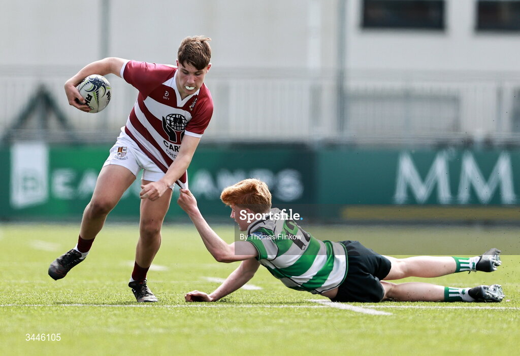 4 May 2026; Liam Nolan of Tullow RFC in action against Zach Minogue O'Reilly of Naas RFC during the U15 McAuley Cup match between Naas RFC and Tullow RFC during the Leinster Rugby Youth Boys Cup Finals at Energia Park in Dublin. Photo by Thomas Flinkow/Sportsfile