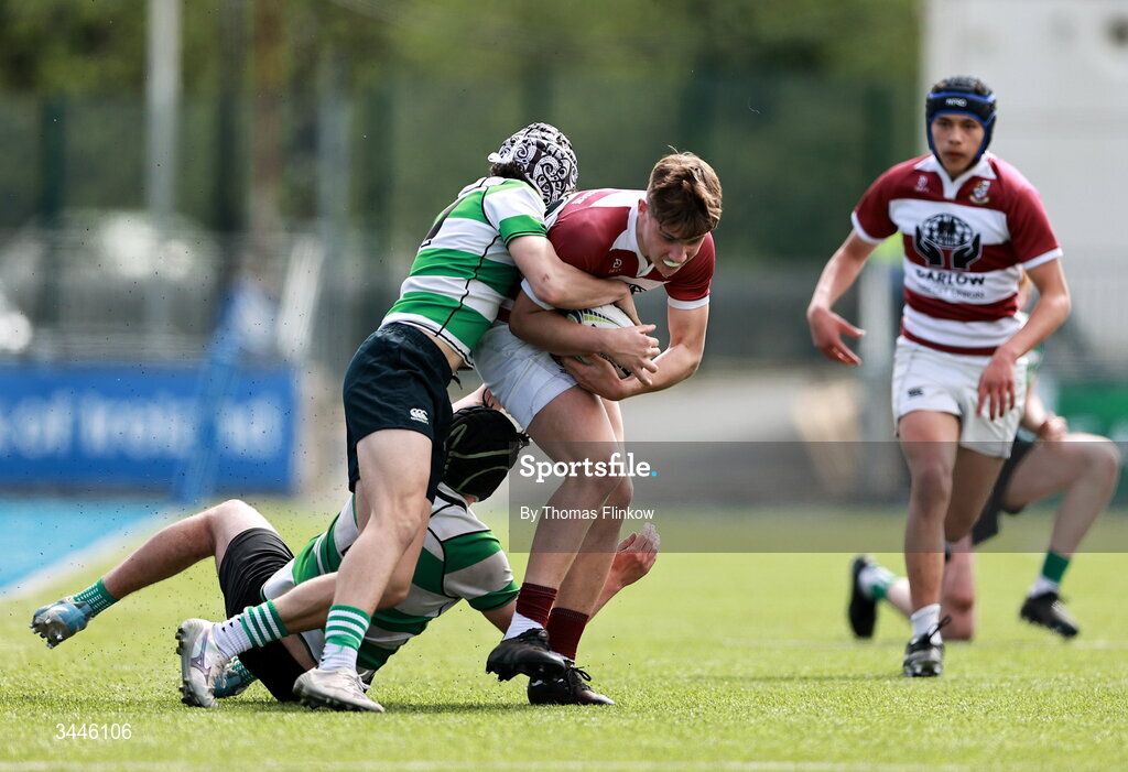 4 May 2026; Liam Nolan of Tullow RFC in action against Flynn Clayton, front, and Ollie Paquin of Naas RFC during the U15 McAuley Cup match between Naas RFC and Tullow RFC during the Leinster Rugby Youth Boys Cup Finals at Energia Park in Dublin. Photo by Thomas Flinkow/Sportsfile