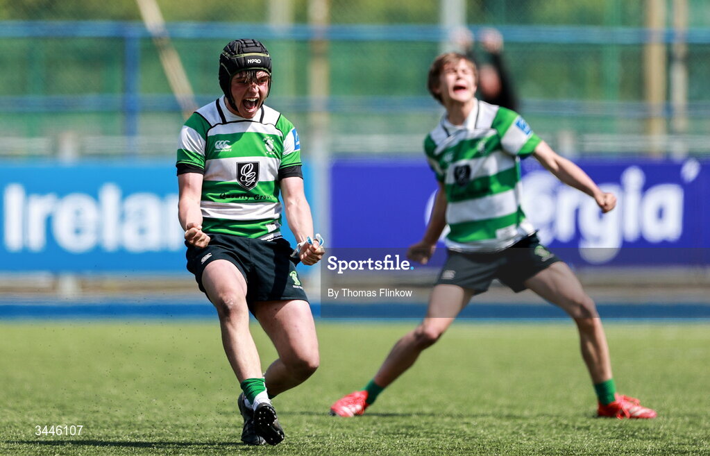 4 May 2026; Naas RFC players Charlie Murphy, left, and Leon Ward celebrate at the final whistle after winning the U15 McAuley Cup: match between Naas RFC and Tullow RFC during the Leinster Rugby Youth Boys Cup Finals at Energia Park in Dublin. Photo by Thomas Flinkow/Sportsfile