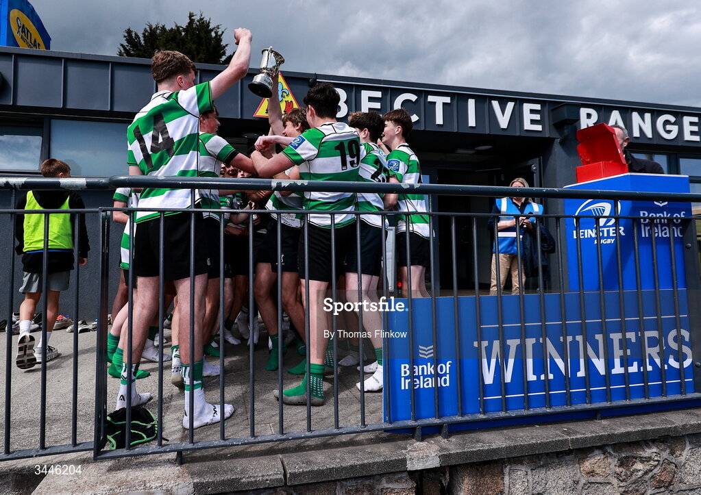 4 May 2026; Naas RFC players celebrate with the cup after the U15 McAuley Cup match between Naas RFC and Tullow RFC during the Leinster Rugby Youth Boys Cup Finals at Energia Park in Dublin. Photo by Thomas Flinkow/Sportsfile