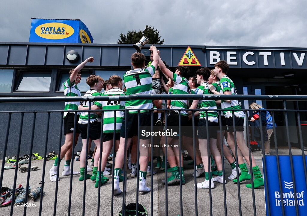 4 May 2026; Naas RFC players celebrate with the cup after the U15 McAuley Cup match between Naas RFC and Tullow RFC during the Leinster Rugby Youth Boys Cup Finals at Energia Park in Dublin. Photo by Thomas Flinkow/Sportsfile