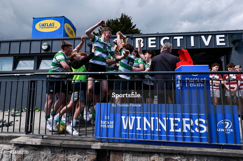 4 May 2026; Naas RFC players celebrate with the cup after the U15 McAuley Cup match between Naas RFC and Tullow RFC during the Leinster Rugby Youth Boys Cup Finals at Energia Park in Dublin. Photo by Thomas Flinkow/Sportsfile