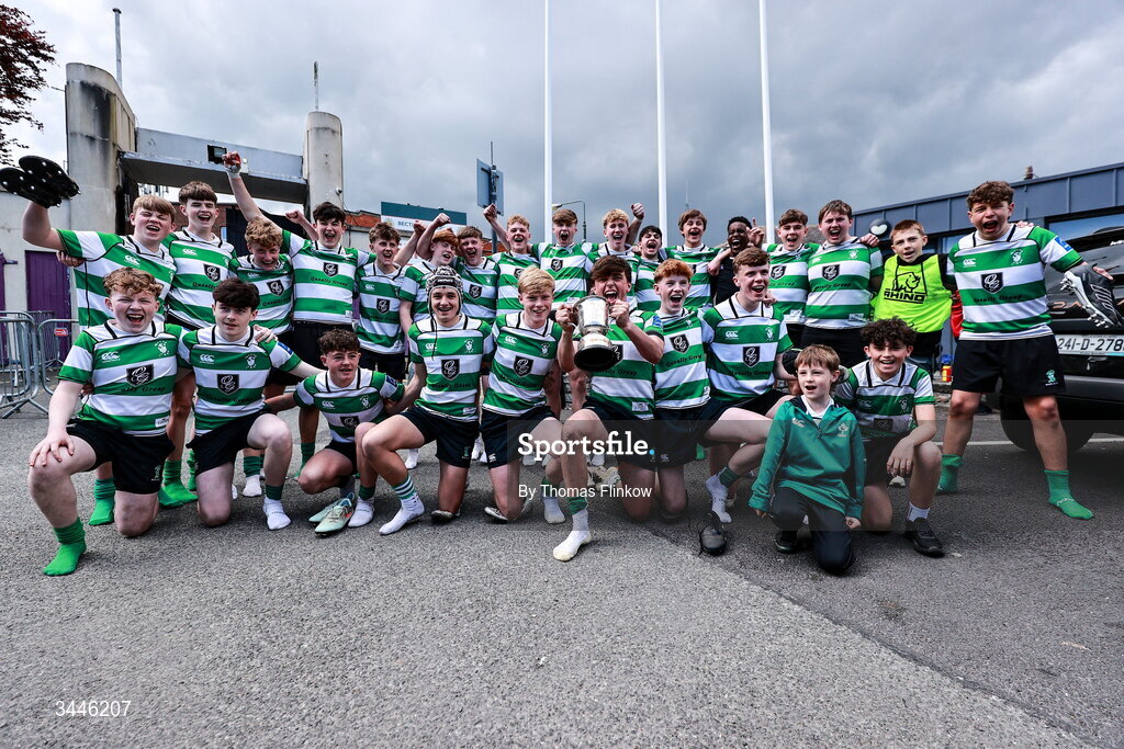 4 May 2026; Naas RFC players celebrate with the cup after the U15 McAuley Cup match between Naas RFC and Tullow RFC during the Leinster Rugby Youth Boys Cup Finals at Energia Park in Dublin. Photo by Thomas Flinkow/Sportsfile