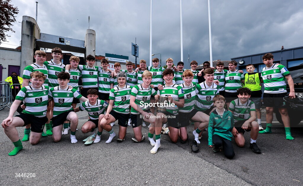 4 May 2026; Naas RFC players celebrate with the cup after the U15 McAuley Cup match between Naas RFC and Tullow RFC during the Leinster Rugby Youth Boys Cup Finals at Energia Park in Dublin. Photo by Thomas Flinkow/Sportsfile