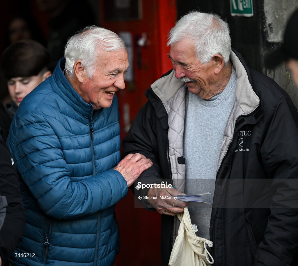 4 May 2026; Former Bohemians player Turlough O'Connor and ticket seller Jimmy O'Connor before the SSE Airtricity Men's Premier Division match between Bohemians and Shelbourne at Dalymount Park in Dublin. Photo by Stephen McCarthy/Sportsfile